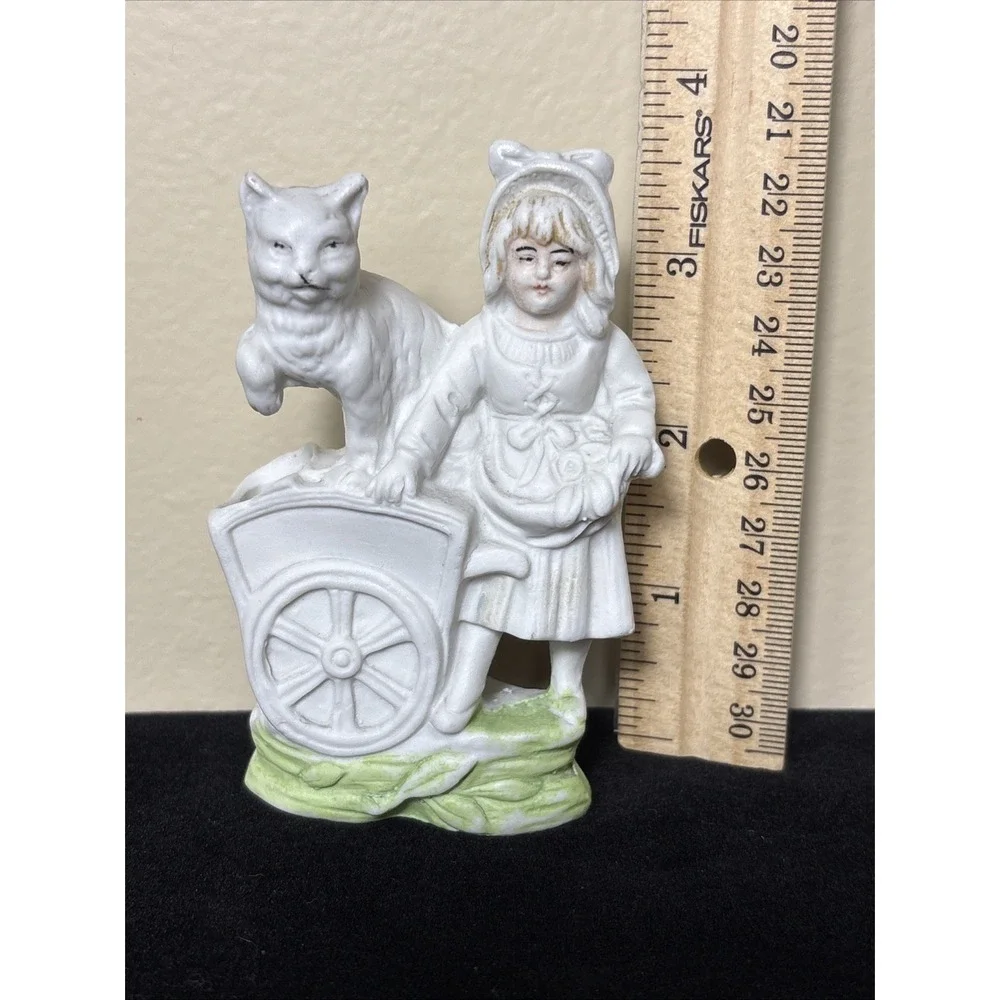ANTIQUE GERMAN? BISQUE PORCELAIN FIGURINE‎ Bud Vase - Girl with Wagon & Cat!